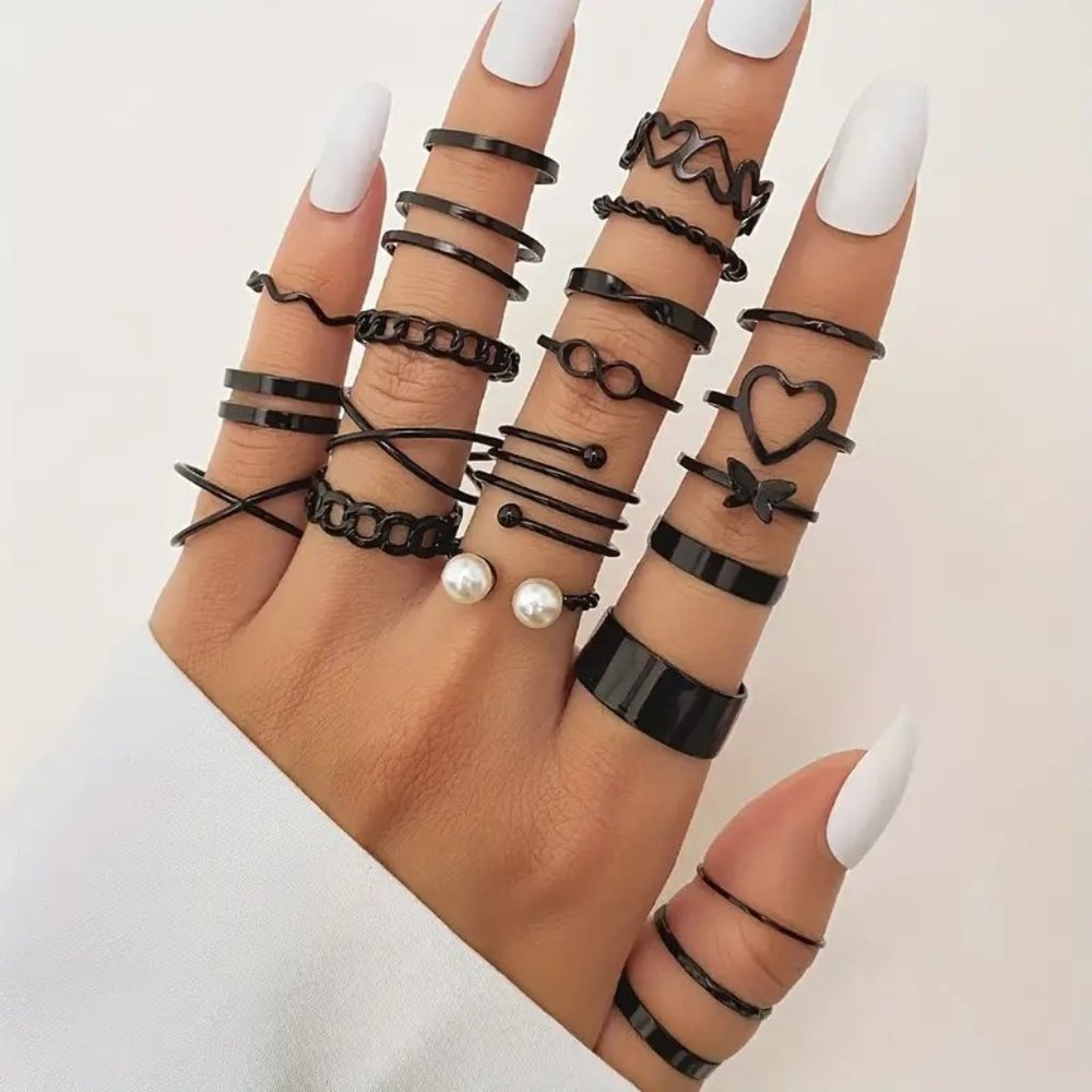 Stackable Finger Rings 22pc Stylish Black Pearl Boho Trendy Adjuststable Heart